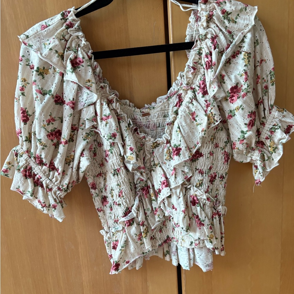 Free People Cream Puff Sleeve Blouse with Ruffled Smocked Design